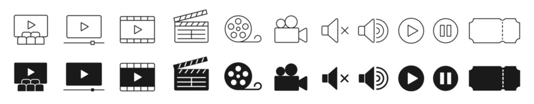 Cinema and Movie Icon Set, Multimedia Video Clapperboard and film Symbols Vector