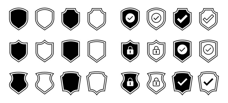 Security Shield Icon Set, Protection Verification and Safety Symbols Vector