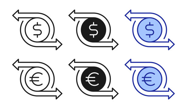 Currency Exchange Icon Set, Dollar and Euro Transfer Transaction Symbols Vector