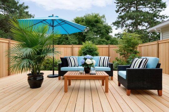 Spacious patio deck with outdoor living furniture and umbrella