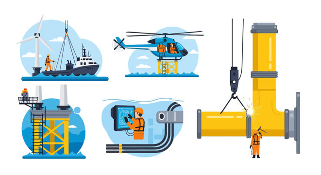 Offshore oil and gas industry operations with workers, platforms, helicopter, and underwater equipment.