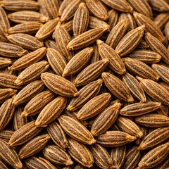 Fototapeta premium Macro top view of dry brown cumin seeds texture