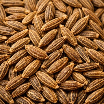 Macro top view of dry brown cumin seeds texture