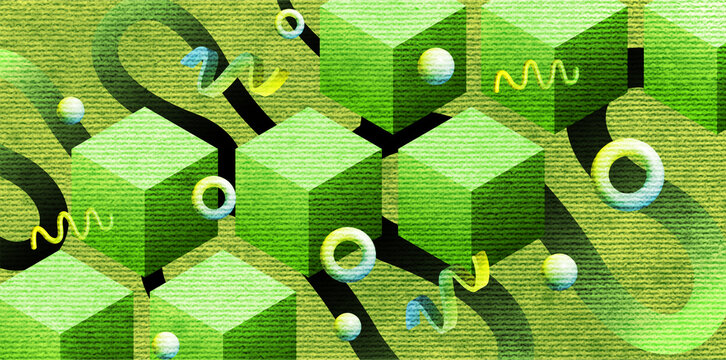 isometric green cubes with floating rings and wavy ribbons