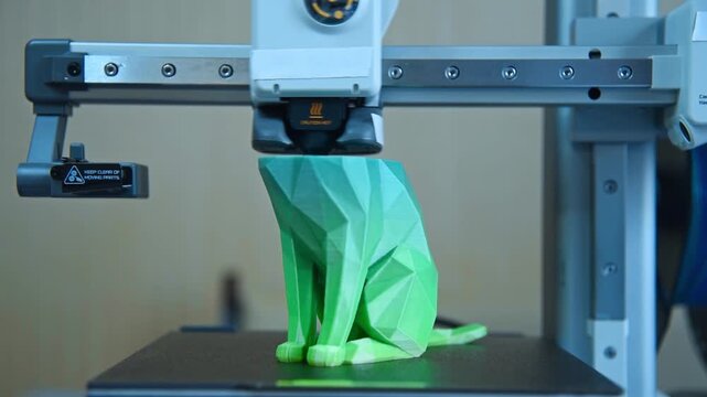 3D printer creating a green geometric cat figurine. Additive manufacturing process for rapid prototyping and custom object production. Innovative technology for modern design and hobbyist creation.