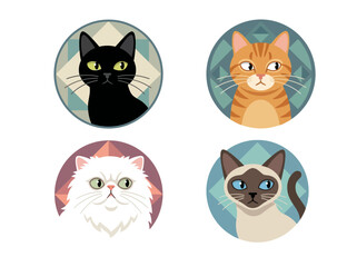 Fototapeta premium Stylized vector cats in geometric frames symbolize diversity of feline beauty, harmony in design, and modern artistic expression for creative concepts