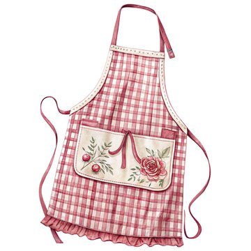 Watercolor illustration of a vintage-style red checkered apron isolated on white background