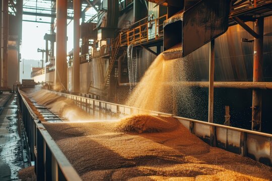 Grain falling into barge during wheat loading