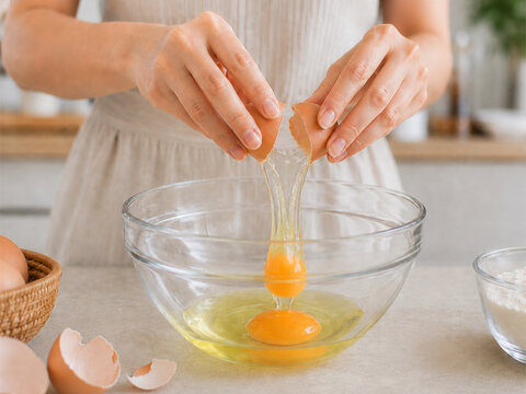 Close-Up of Woman Cracking a Raw Egg Into a Glass Bowl