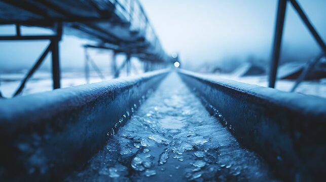Frozen railway tracks disappearing into a cold winter mist.