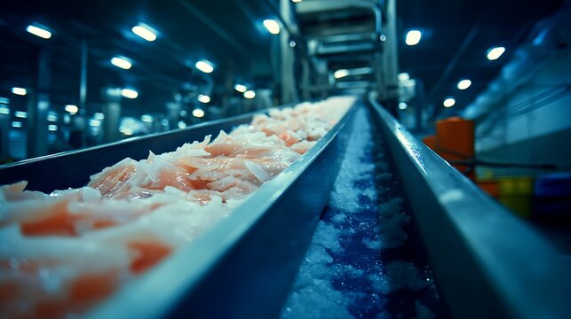 Automated conveyor belt transporting frozen shrimp in a seafood processing plant.