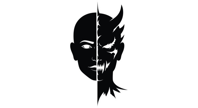 A striking black and white portrait depicting duality and inner conflict
