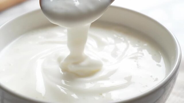 Wooden spoon yogurt dairy white creamy bowl closeup swirl texture fresh breakfast kefir fermented milk probiotic drink healthy snack minimal style