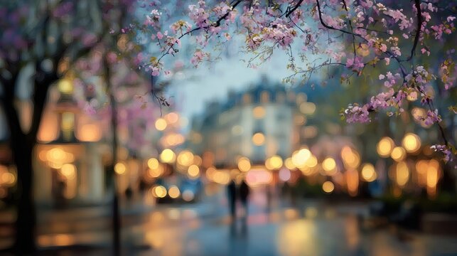Couple walking on rainy paris street with cherry blossoms