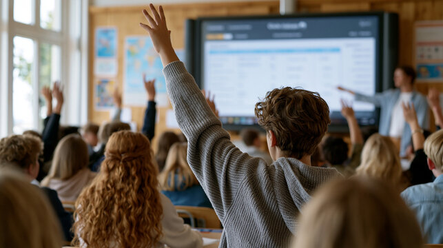 High school classroom buzzes as students raise hands competitively during a gamified quiz session displayed on an interactive smartboard, a teacher moderating with a scoring