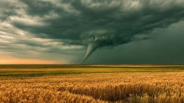 Dramatic tornado funnel cloud touching down over golden wheat field at sunset with green stormy sky
