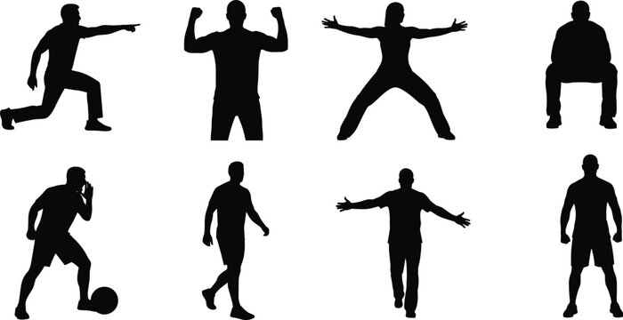 Collection of casual men silhouettes in various action poses and body language gestures isolated on white background