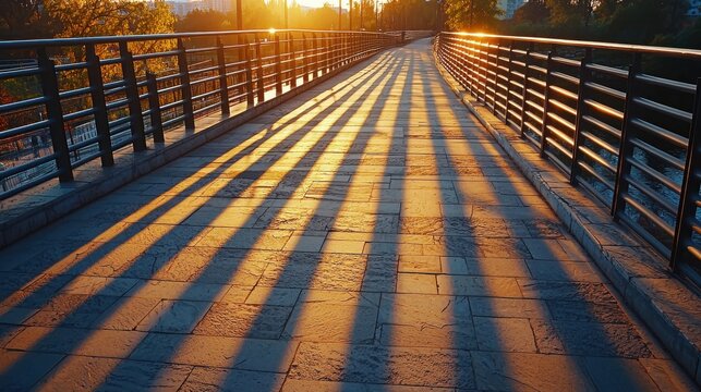 Bridge shadow patterns from modern steel railings creating dramatic striped light effects on textured concrete walkway during golden hour illumination