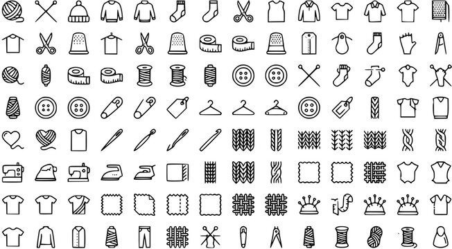 Black and White Line Art Sewing, Knitting, and Craft Icons Set. Outline Symbols for Textile, Fashion, Tailoring, Handicraft Tools, and Garments.