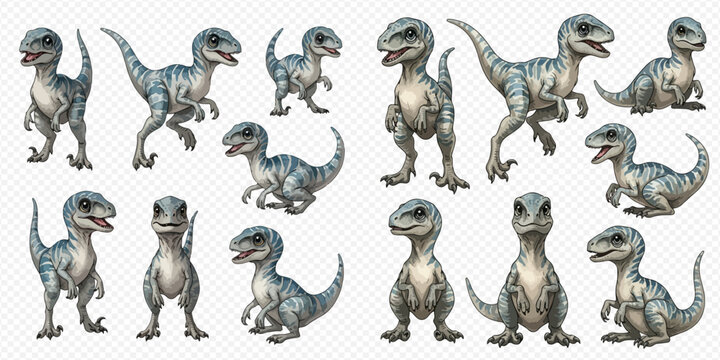Collection of cute baby velociraptor dinosaurs in various poses, isolated on a white background.