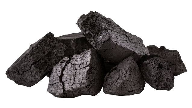Pile of rough dark charcoal chunks with porous texture