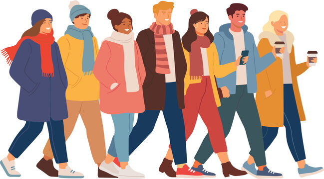 Group of Young People Walking in Winter Clothes with Coffee Cups and Cold Weather Fashion Vector Illustration