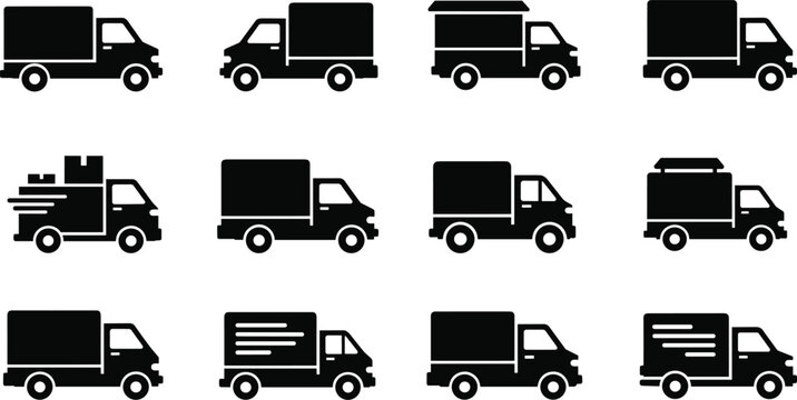 Delivery truck icons set for logistics cargo shipping and commercial distribution service vehicle graphics