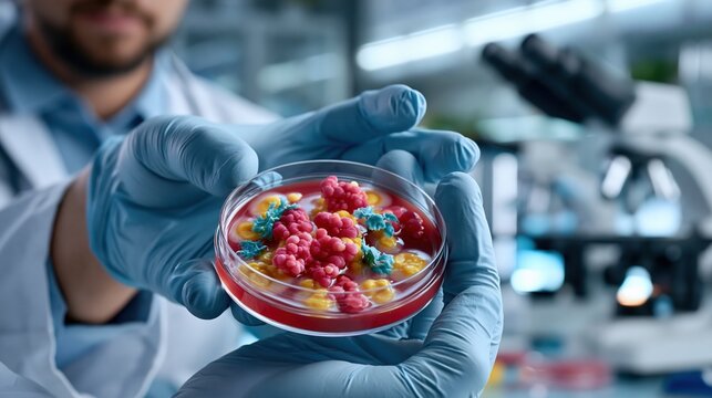 A medical laboratory technician's gloved hands holding a petite culture dish with bacterial colonies growing on blood agar plate, Group B Strep beta-hemolysis visible