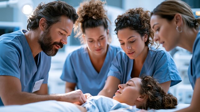 A medical team in a modern hospital delivery room preparing IV antibiotic prophylaxis for a laboring mother, obstetrician and nurses in scrubs, bright sterile lighting