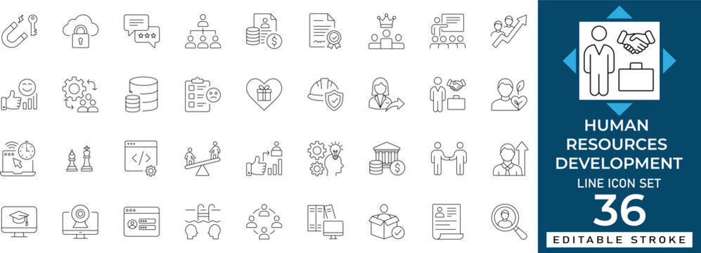Human resources development line icon set featuring hr, training, talent, management, career, employee, and growth. Professional editable vector illustration for corporate app and UI UX design.