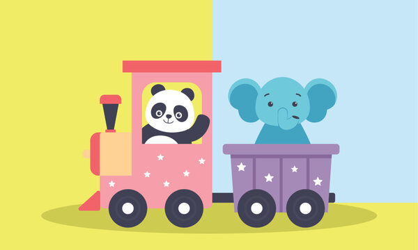 Panda cub and elephant calf with locomotive vector illustration