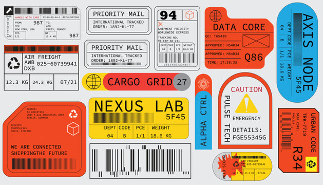 Futuristic Cargo Shipping Labels Set with Barcode Tech Stickers Vector Collection
