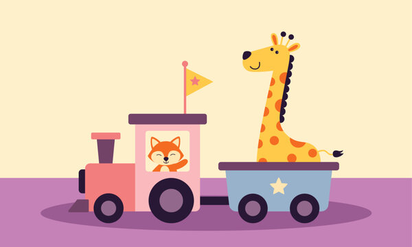 Fox cub and giraffe with locomotive vector illustration