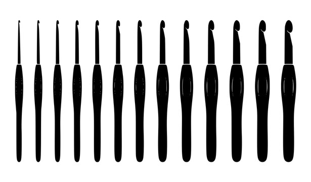 Minimal Crochet Hook Size Silhouette Collection with Knitting Needle Tools and Craft Equipment Editable Vector Illustration