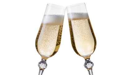 Two champagne flutes clinking with sparkling wine and bubbles © Sylas