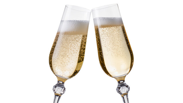 Two champagne flutes clinking with sparkling wine and bubbles