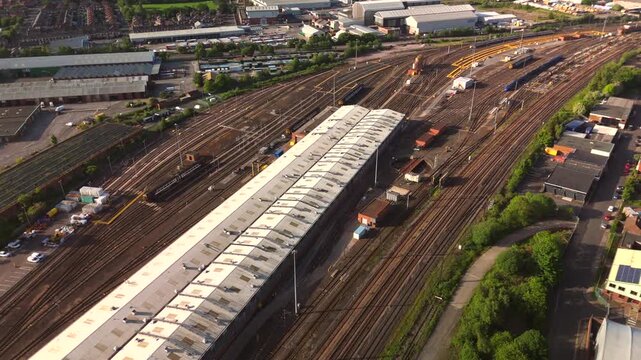 Newcastle upon Tyne UK: 25th May 2026: Drone footage captures Heaton Train Depot activity on a sunny morning with trains and tracks in view
