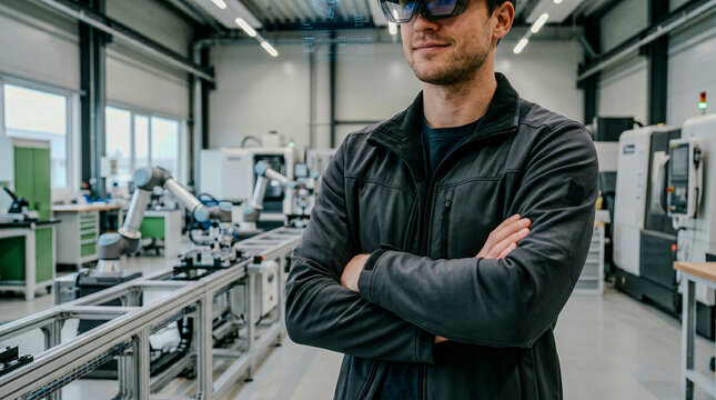 Male engineer AR headset factory robot assembly bokeh confident, tech hero shot