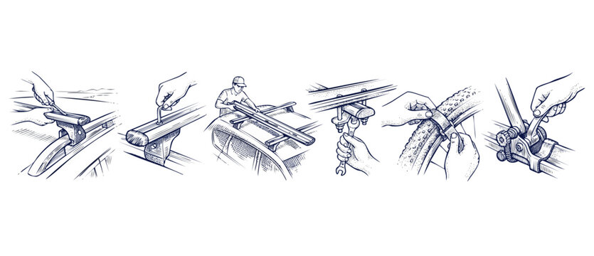 Car roof rack installation guide showing step by step assembly instructions for mounting a bicycle carrier onto vehicle top rails, detailed line art illustration sketch vector drawing layouts concept.