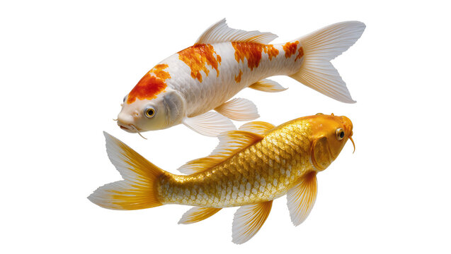 Two Koi fish one orange and white one golden yellow, swimming