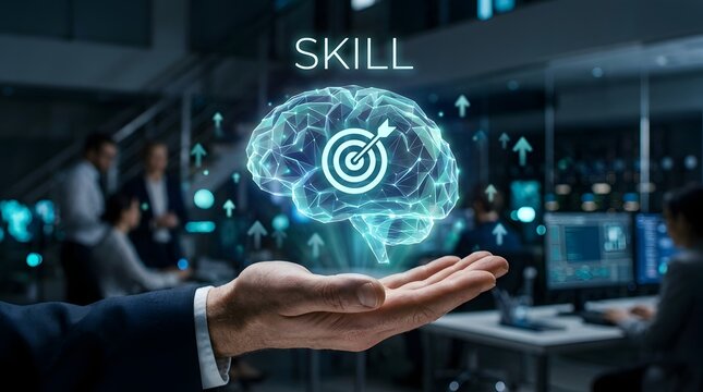 Human hand holding glowing blue digital brain with target symbol and SKILL text on blurred office background, representing skill development, targeting knowledge, brainpower, and professional learning