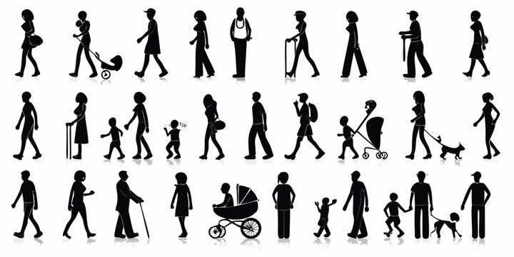 People Silhouettes Walking With Canes Strollers And Pets Black On White