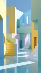 Fototapeta premium Abstract geometric city with pastel colored buildings, stairs, and water reflections in a minimalist architectural style