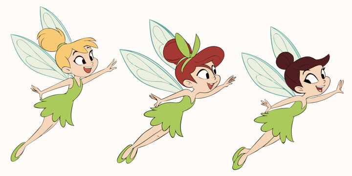 Animated Fairy Characters In Green Dresses Vector Illustration