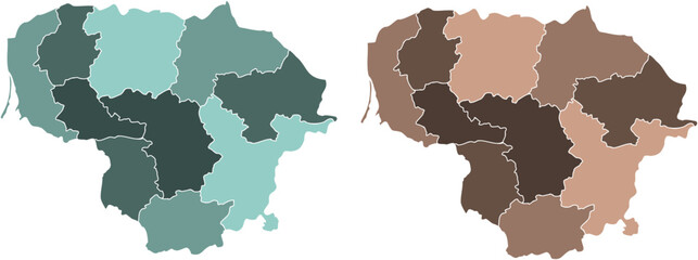 Obraz premium Lithuania map set teal brown tones regions flat vector illustration
