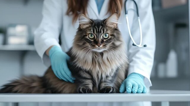 In a clinical setting, a veterinarian in a lab coat and blue gloves examines a fluffy long-haired cat on an examination table. A stethoscope hangs around the vet's neck during this consultation.