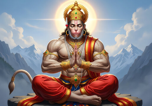 Lord hanuman meditating in a peaceful lotus position with hands folded in prayer against a divine glowing mountain background