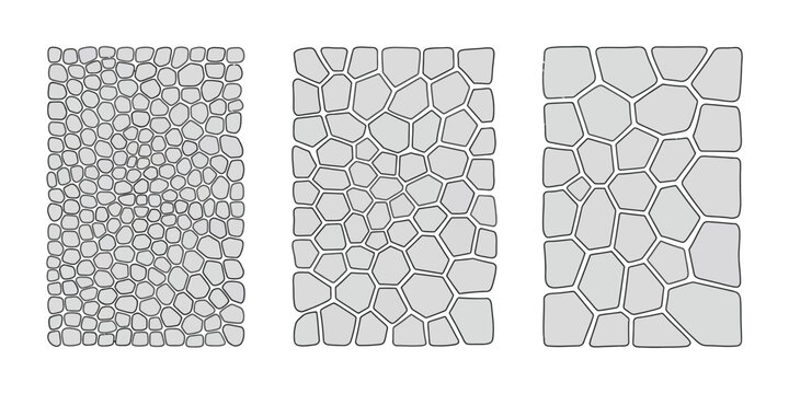 Cobblestone patterns, street pavement and park road textures with stone mosaic surfaces for architectural design projects.