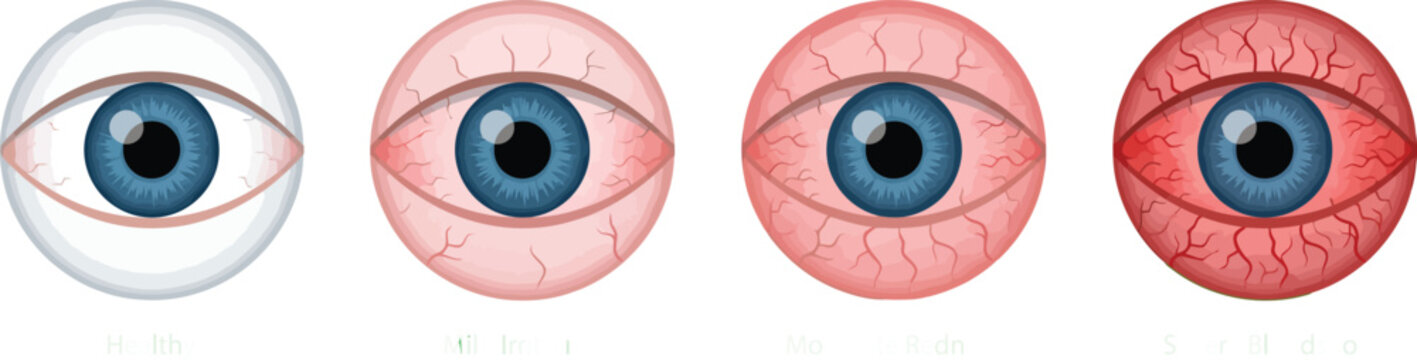 Horizontal chart of human eye illustrations showing stages of increasing conjunctivitis or allergic redness