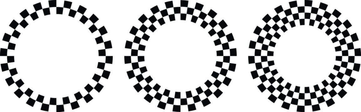 round frames with black and white checkered.  Geometric warped grid rings. Circular borders featuring race flag . Circle checker frames